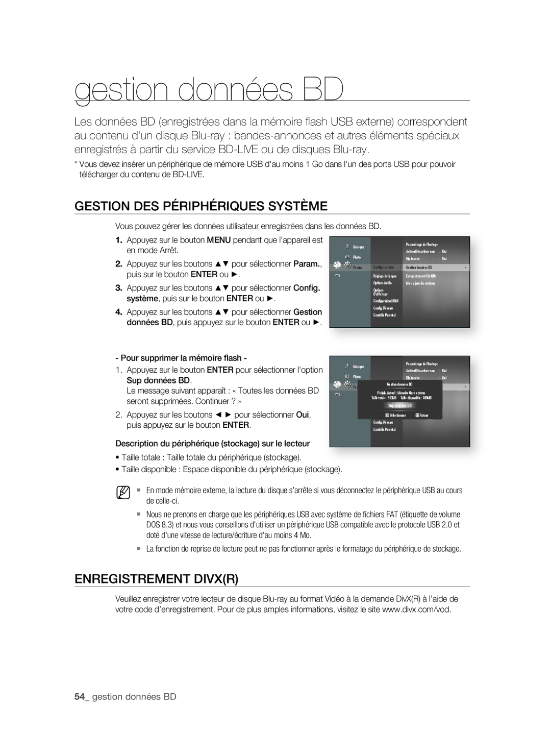 Samsung BD-P1650/XEF, BD-P1600/XEF manual Gestion données BD, GeStIon DeS PéRIPHéRIQUeS SYStÈMe, EnRegIStReMent Divxr 