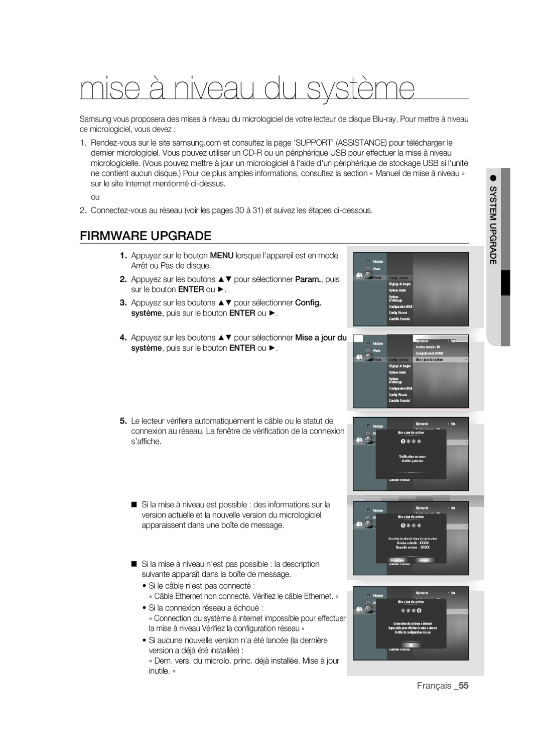 Samsung BD-P1600/XEF, BD-P1650/XEF manual Mise à niveau du système, FIRMWARe UPgRADe 