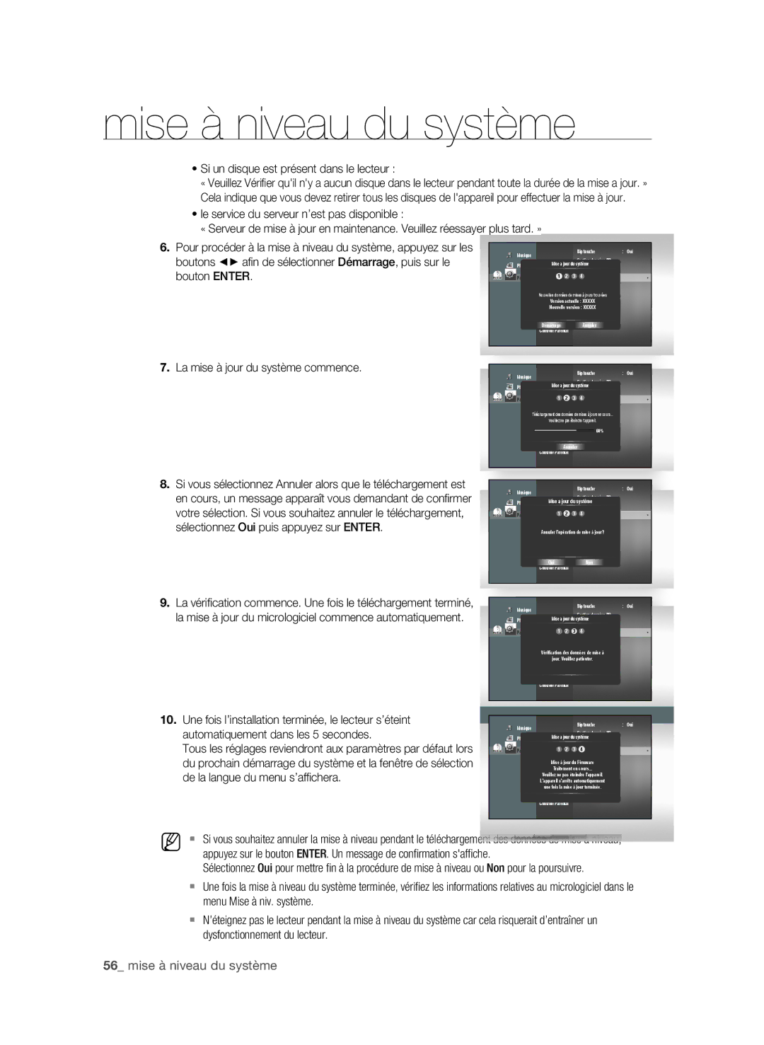 Samsung BD-P1650/XEF, BD-P1600/XEF manual  mise à niveau du système, Si un disque est présent dans le lecteur 