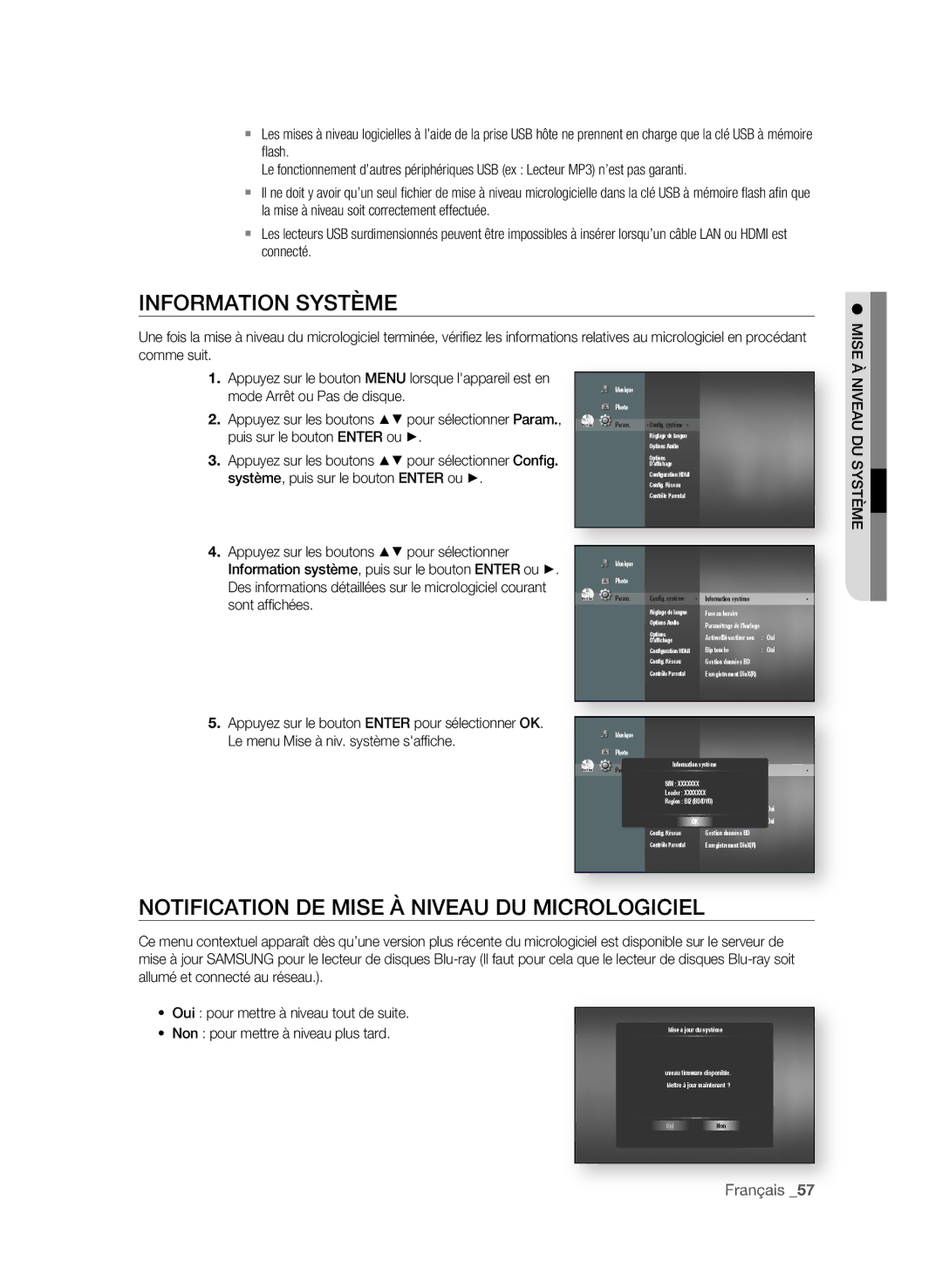 Samsung BD-P1600/XEF manual InfoRMAtIon SYStÈMe, NotIfICAtIon De MISe à nIVeAU DU MI, Non pour mettre à niveau plus tard 