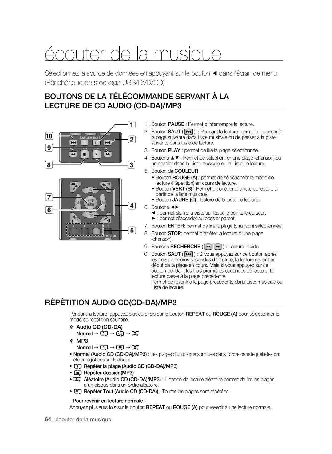 Samsung BD-P1650/XEF, BD-P1600/XEF manual Écouter de la musique, Répétition Audio CDCD-DA/MP3 