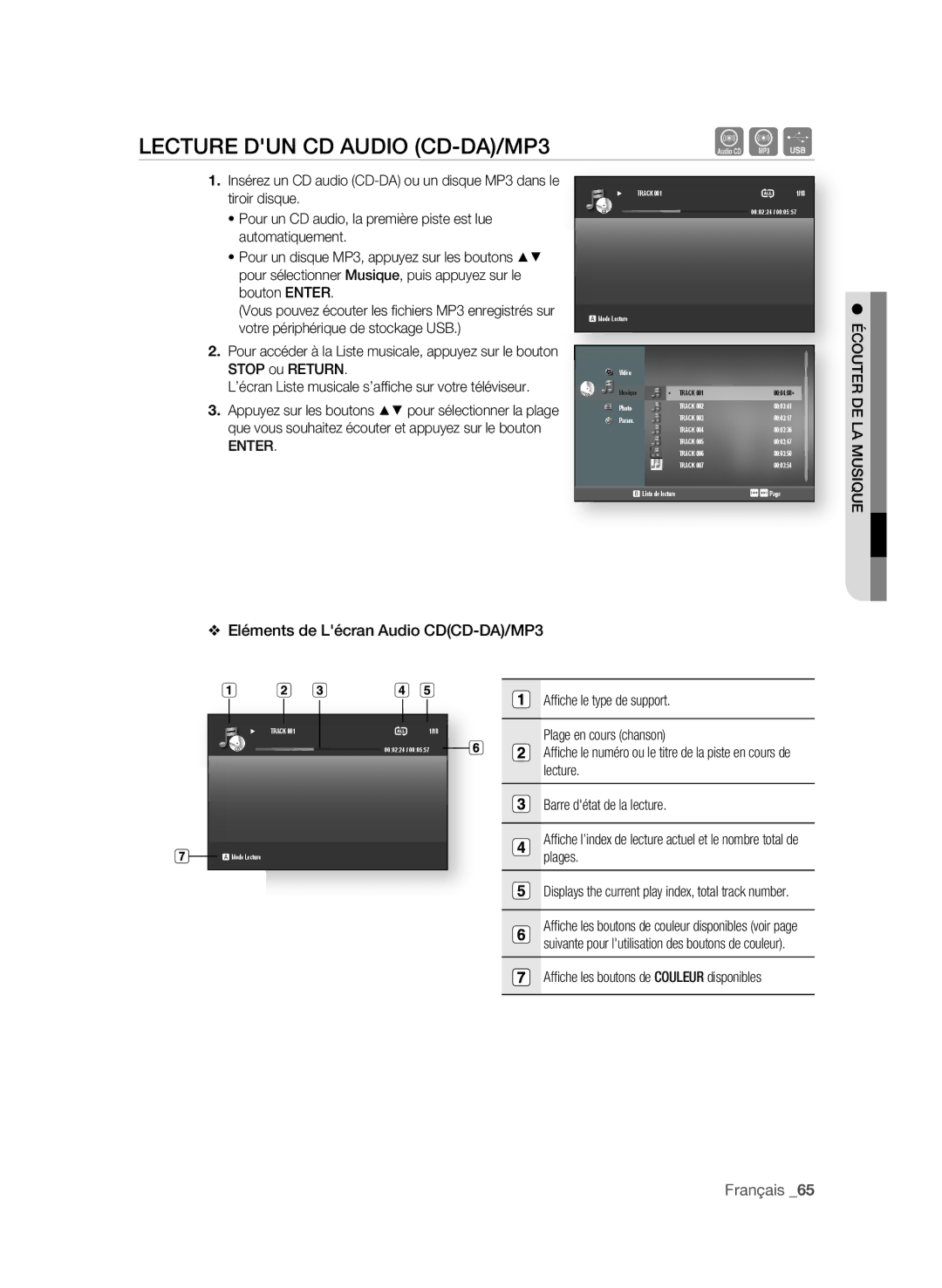 Samsung BD-P1600/XEF, BD-P1650/XEF manual LeCtURe DUn CD AUDIo CD-DA/MP3, Eléments de Lécran Audio CDCD-DA/MP3 