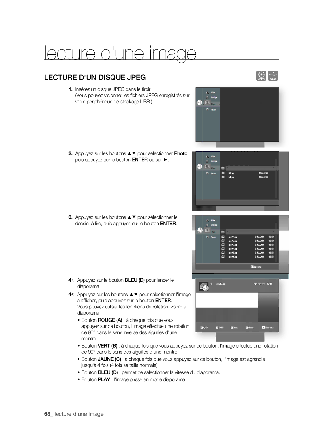 Samsung BD-P1650/XEF, BD-P1600/XEF manual Lecture dune image, LeCtURe DUn DISQUe JPeg, Insérez un disque Jpeg dans le tiroir 