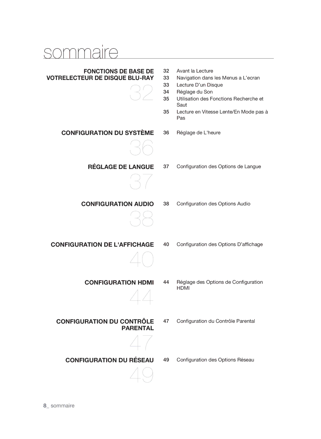 Samsung BD-P1650/XEF manual Réglage de Lheure, Configuration des Options Audio, Hdmi, Configuration du Contrôle Parental 