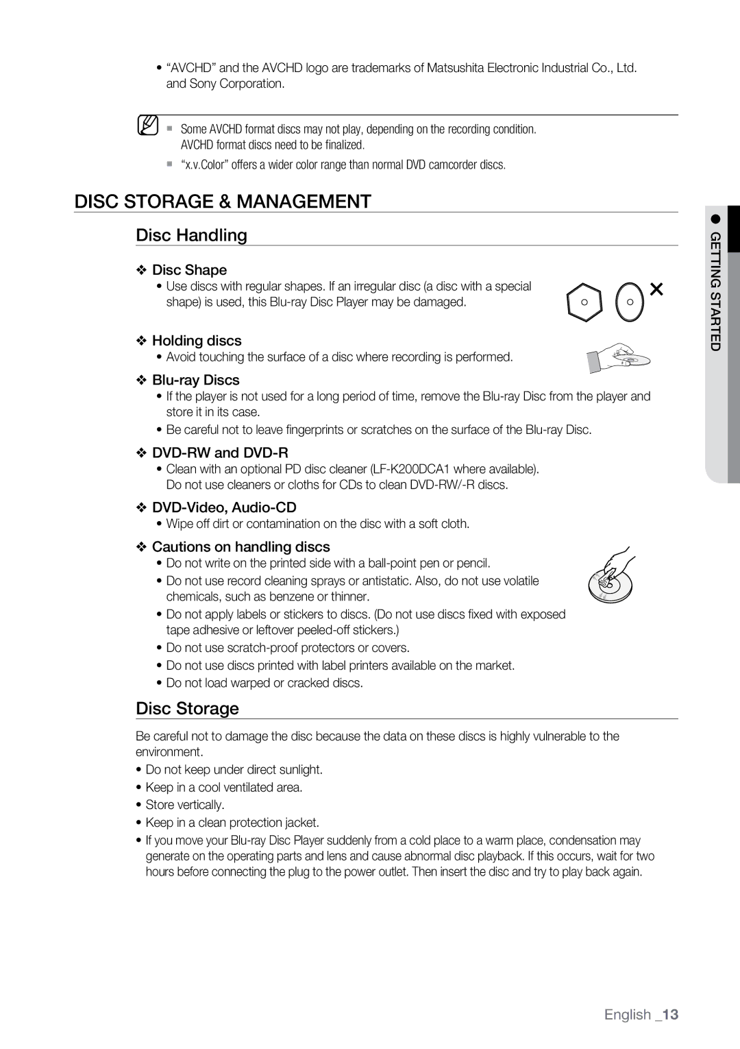 Samsung BD-P2500 user manual Disc Storage & Management, Disc Handling 