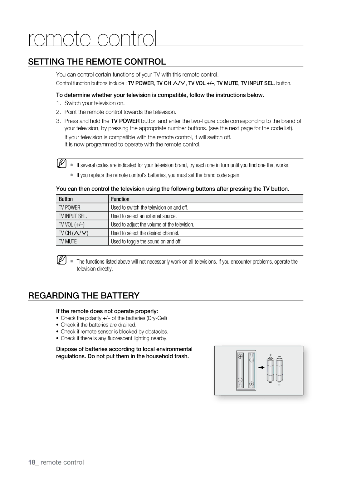 Samsung BD-P2500 user manual Setting the Remote Control, Regarding the Battery, Remote control 