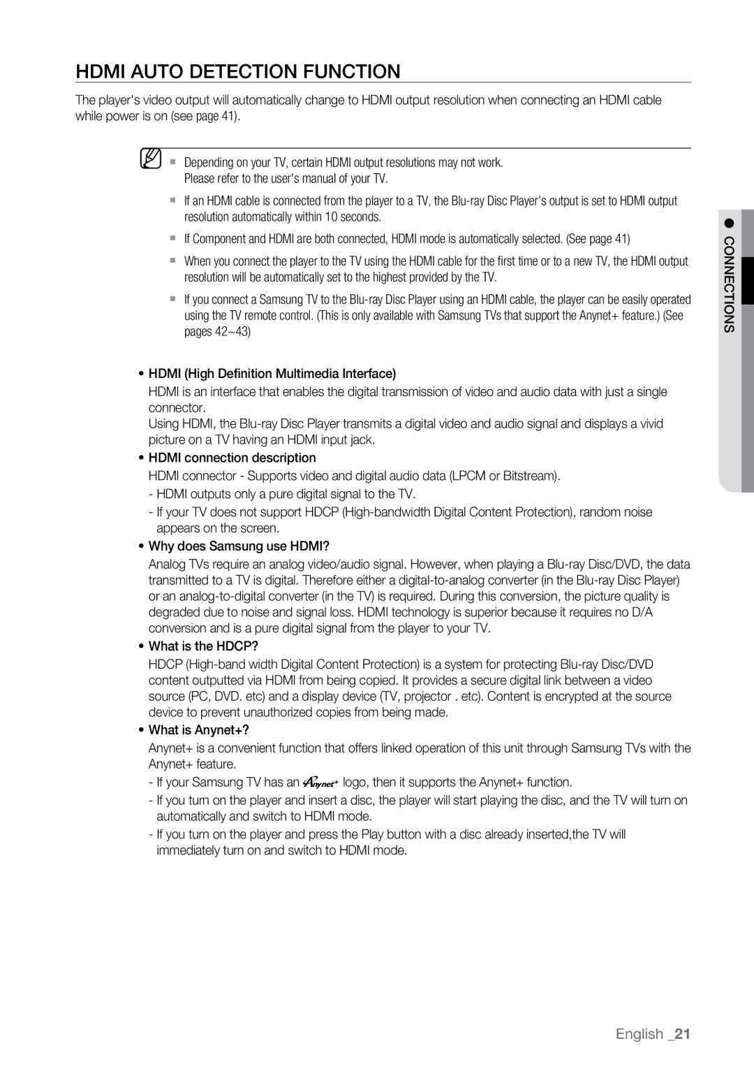 Samsung BD-P2500 user manual Hdmi Auto Detection Function, ~ What is the HDCP? 