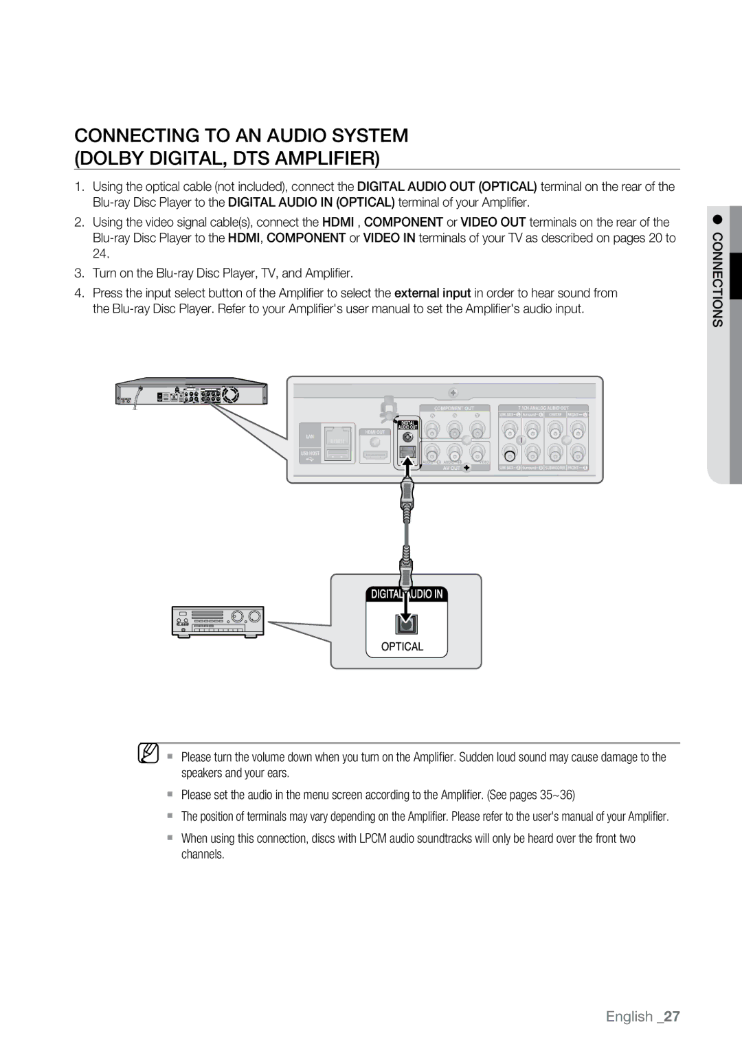 Samsung BD-P2500 user manual Connecting to an Audio System Dolby Digital, DTS Amplifier 