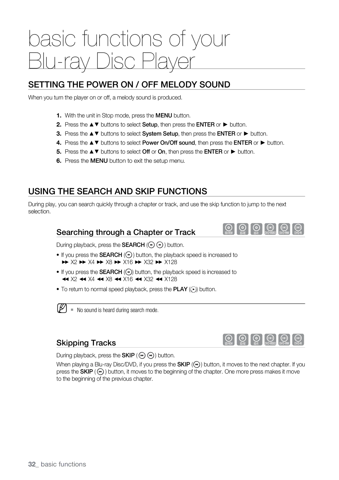 Samsung BD-P2500 user manual Setting the Power On / Off Melody sound, Using the Search and Skip Functions, Skipping Tracks 