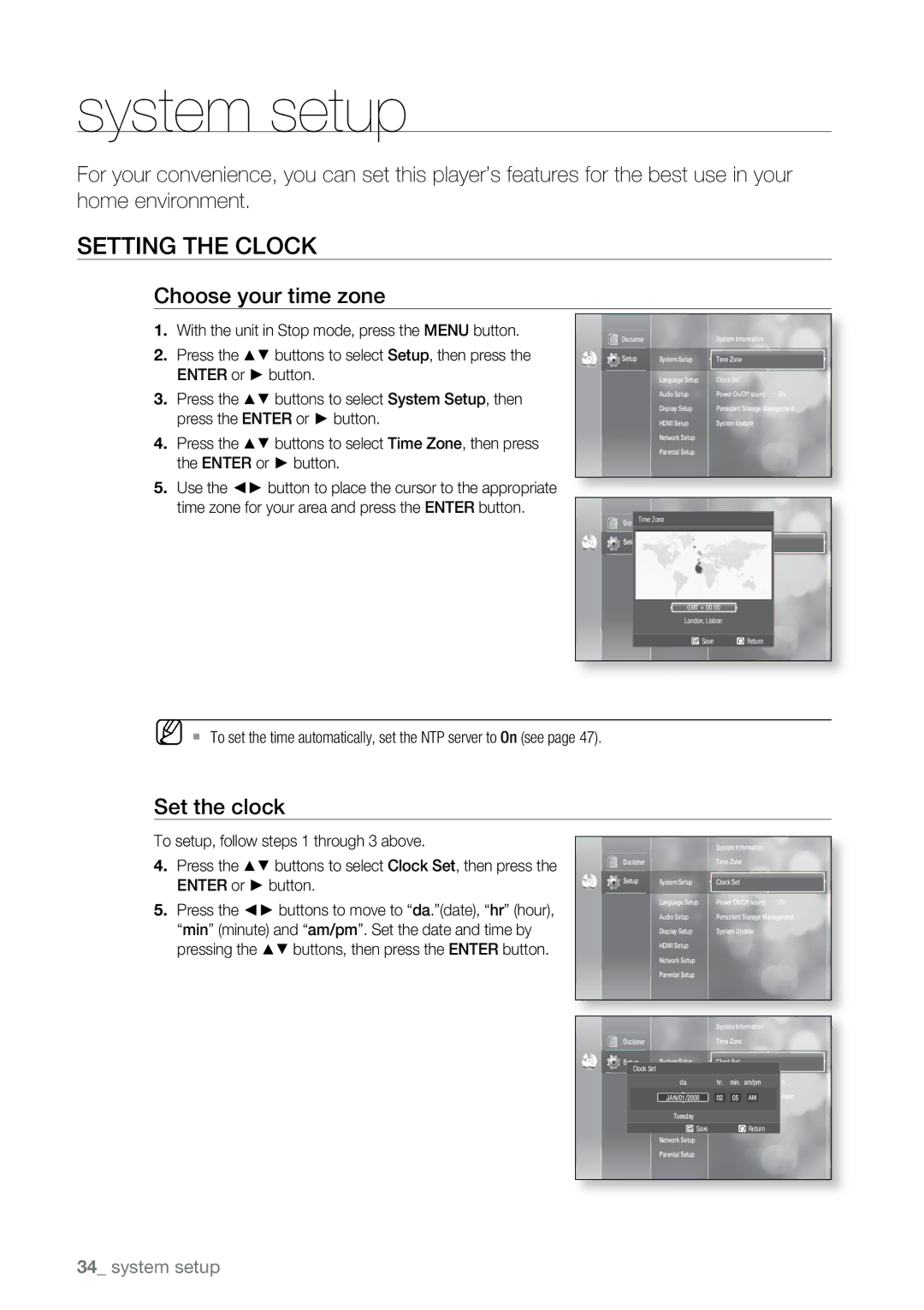 Samsung BD-P2500 user manual System setup, Setting the Clock, Choose your time zone, Set the clock 