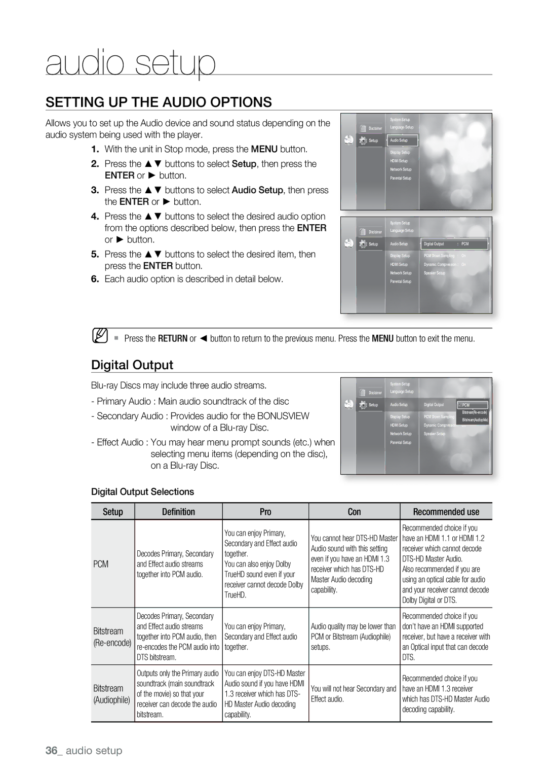 Samsung BD-P2500 user manual Audio setup, Setting up the Audio Options, Digital Output, Pcm 