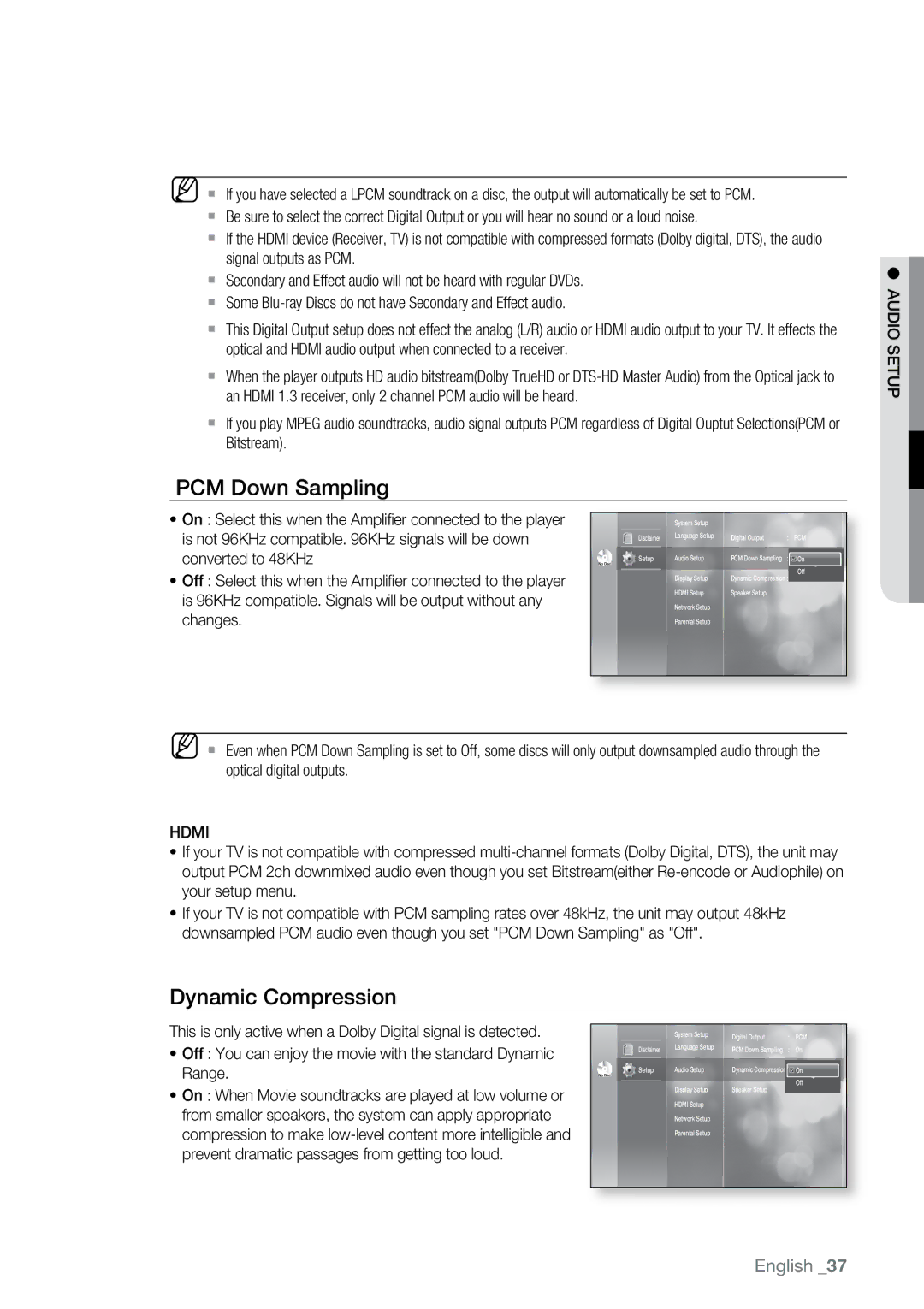 Samsung BD-P2500 user manual PCM Down Sampling, Dynamic Compression, Hdmi 