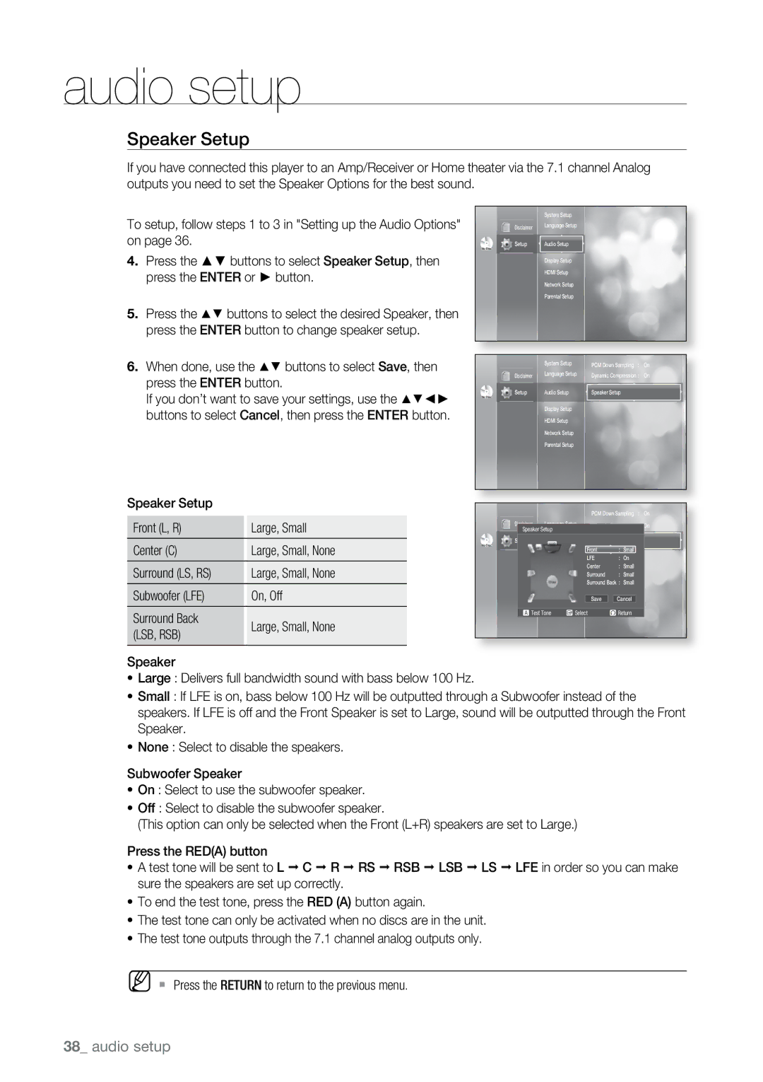 Samsung BD-P2500 user manual Speaker Setup, Lsb, Rsb 