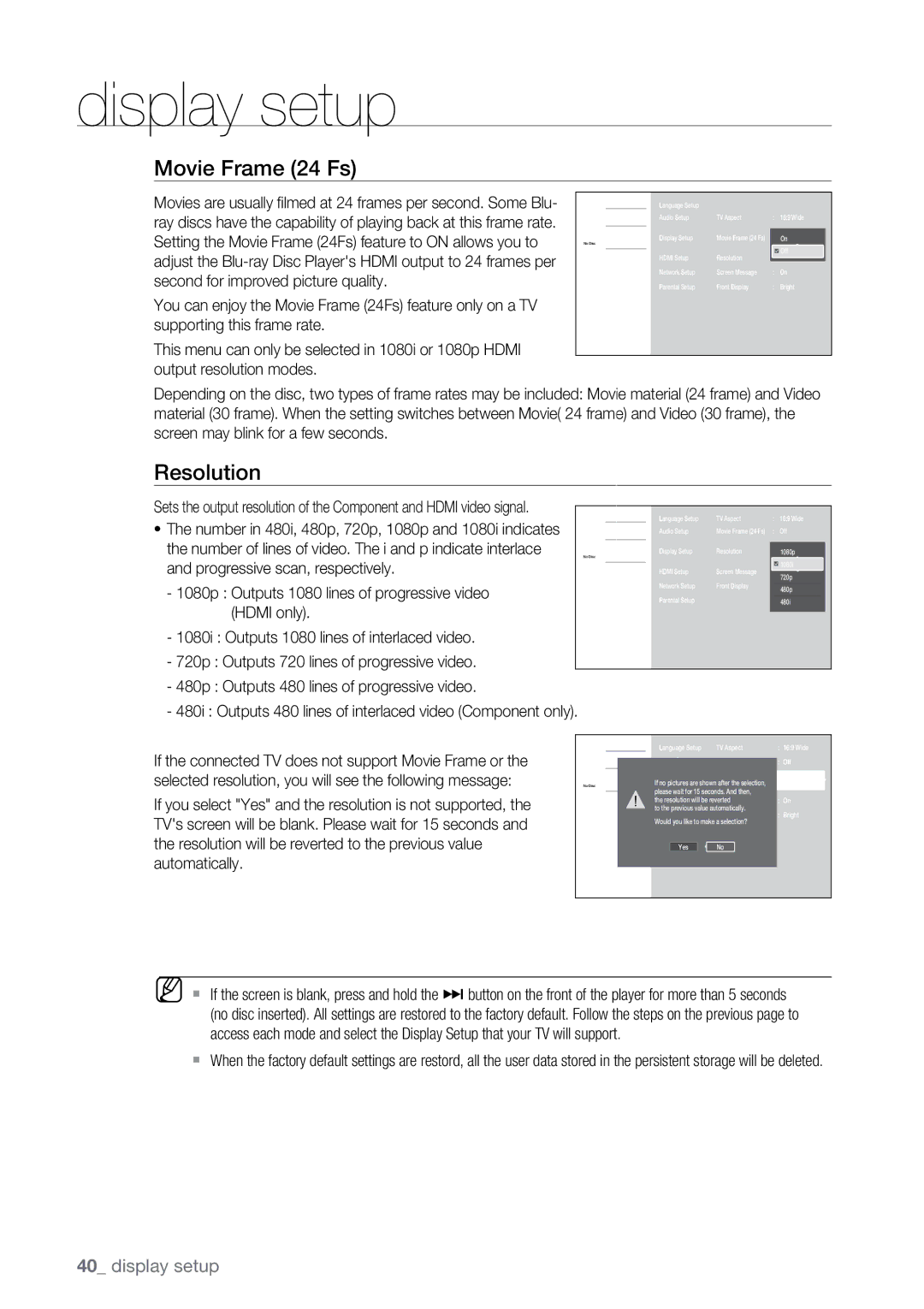 Samsung BD-P2500 user manual Movie Frame 24 Fs, Resolution, Display setup 