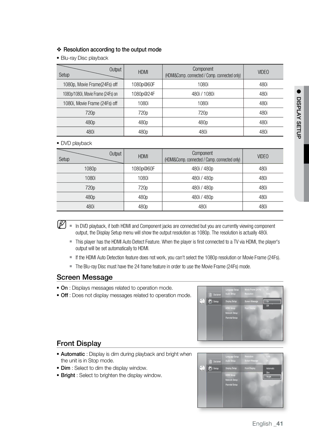 Samsung BD-P2500 user manual Screen Message, Front Display 