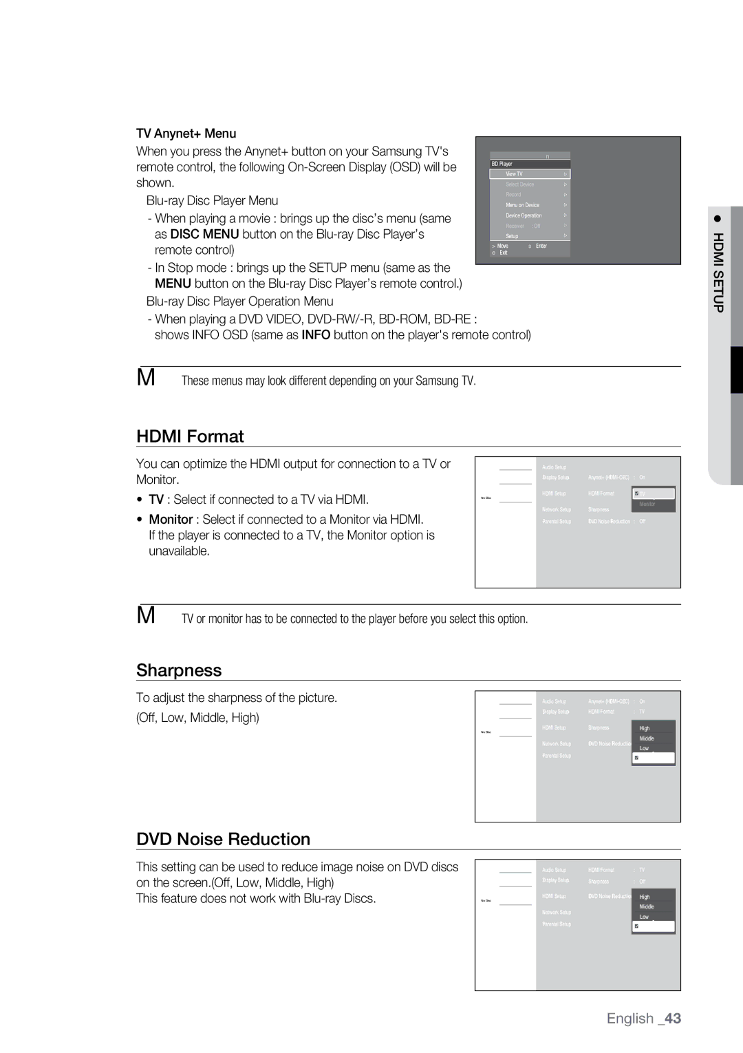 Samsung BD-P2500 user manual Hdmi Format, Sharpness, DVD Noise Reduction 