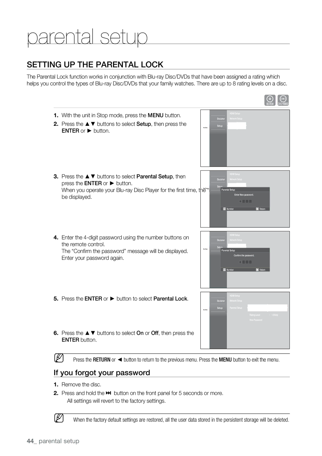 Samsung BD-P2500 user manual Parental setup, Setting up the Parental Lock, If you forgot your password 