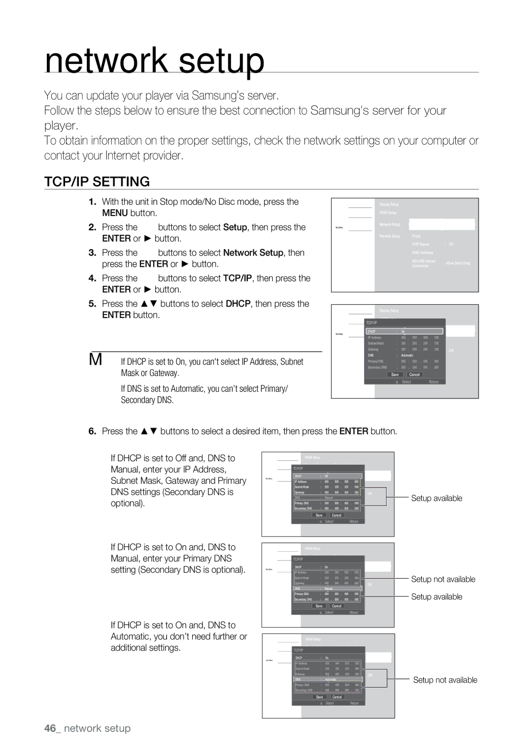 Samsung BD-P2500 user manual Network setup, TCP/IP Setting 