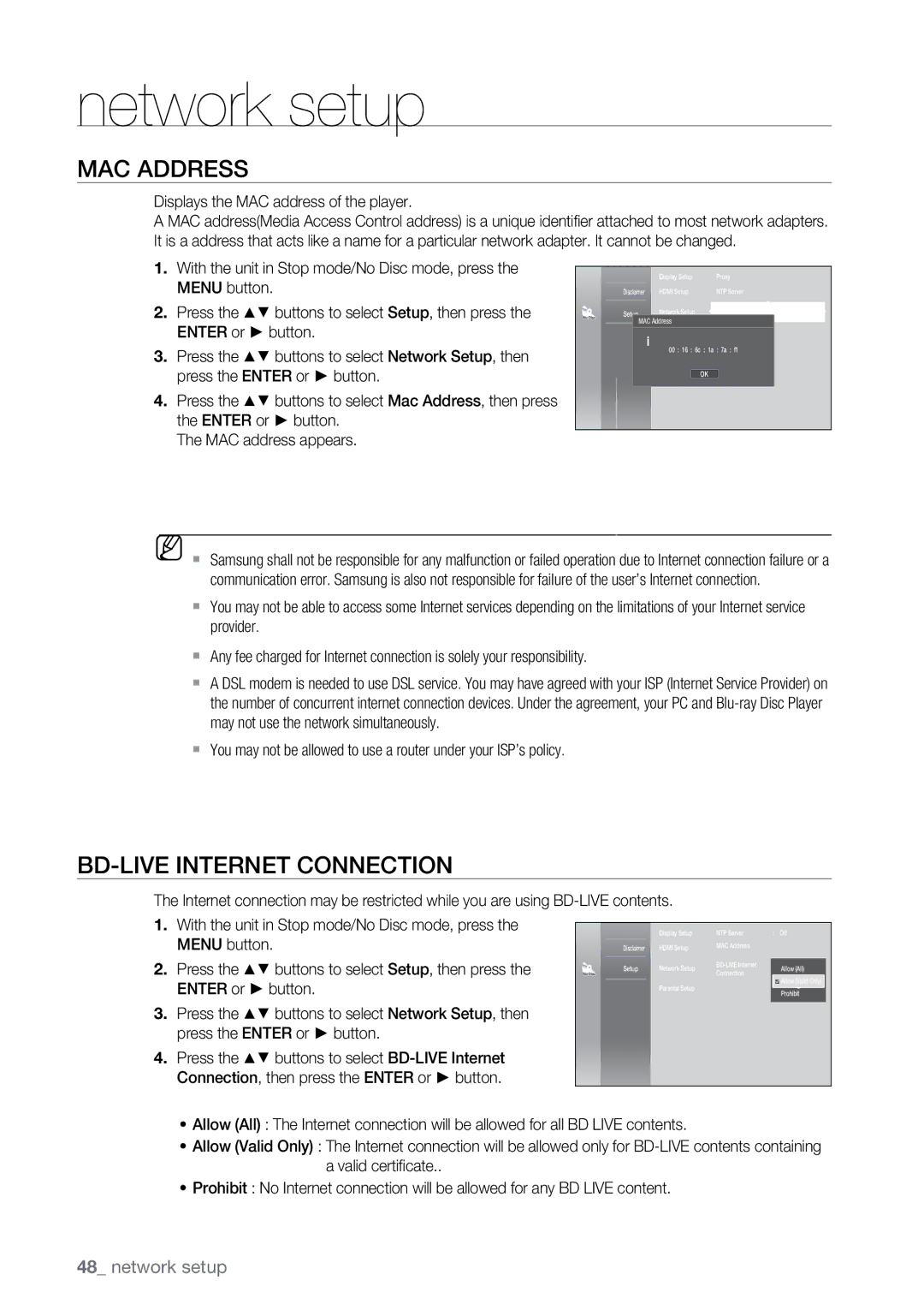 Samsung BD-P2500 user manual Mac Address, BD-LIVE Internet Connection 