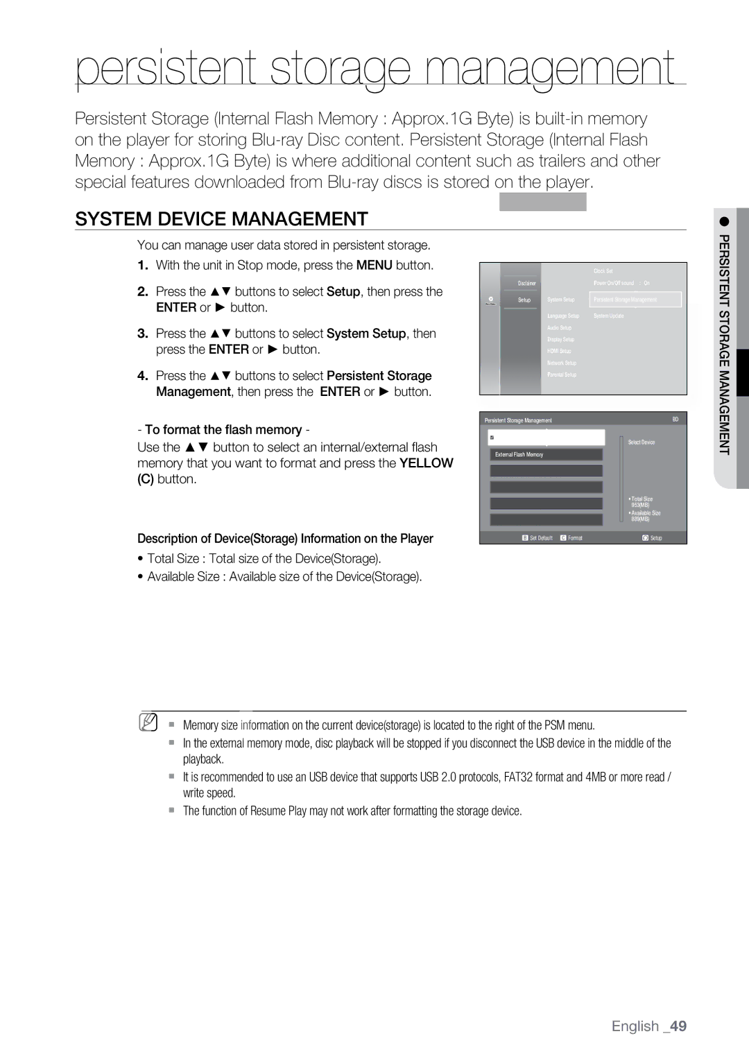 Samsung BD-P2500 user manual System Device Management, To format the flash memory 