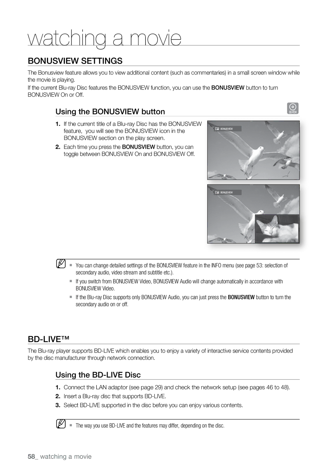 Samsung BD-P2500 user manual Bonusview Settings, Using the Bonusview button, Using the BD-LIVE Disc 