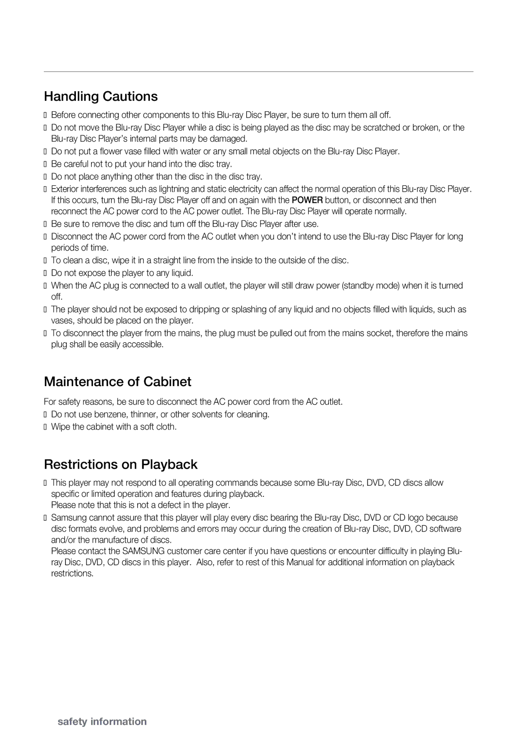 Samsung BD-P2500 user manual Handling Cautions, Maintenance of Cabinet, Restrictions on Playback 