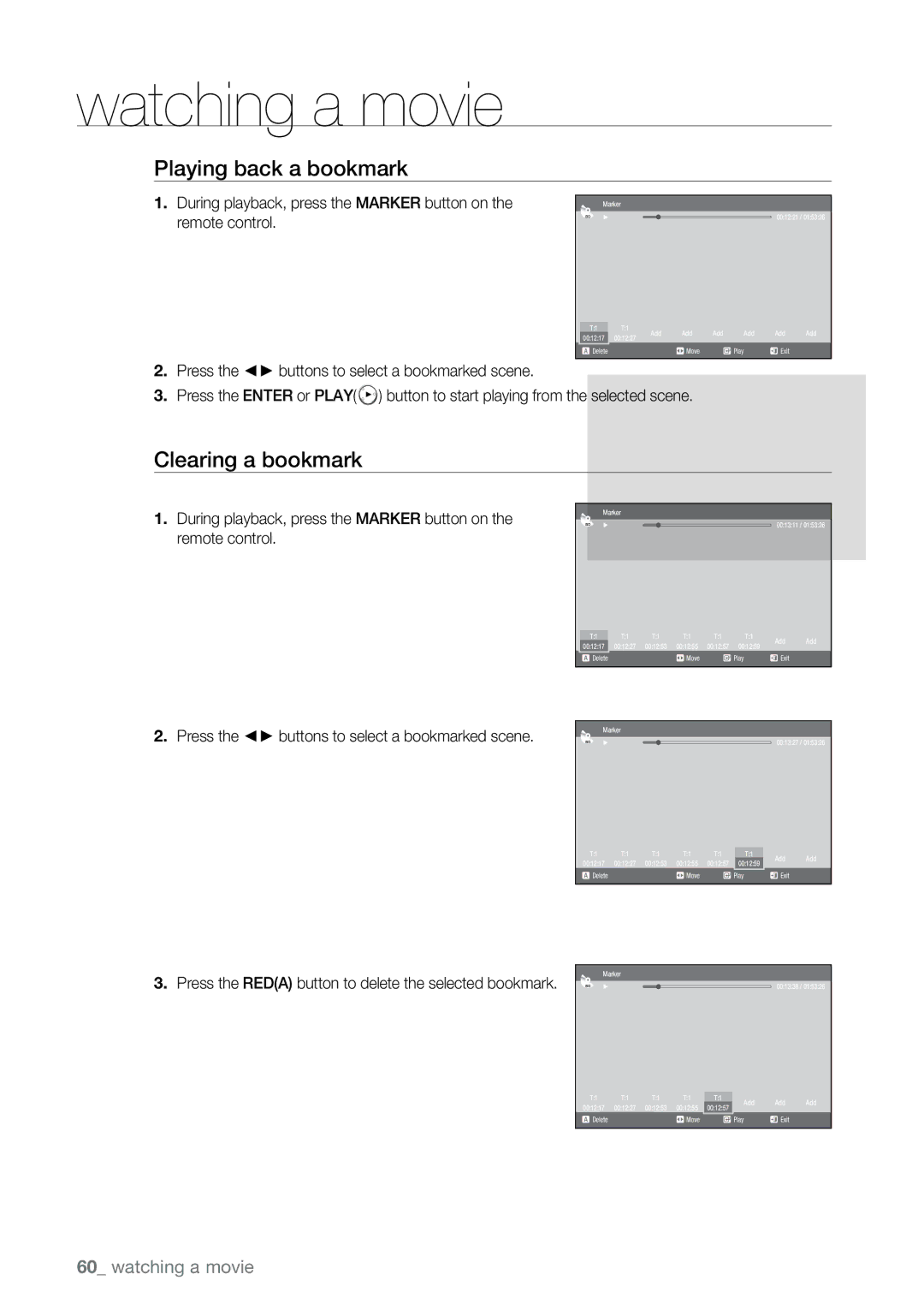 Samsung BD-P2500 Playing back a bookmark, Clearing a bookmark, . Press the buttons to select a bookmarked scene 