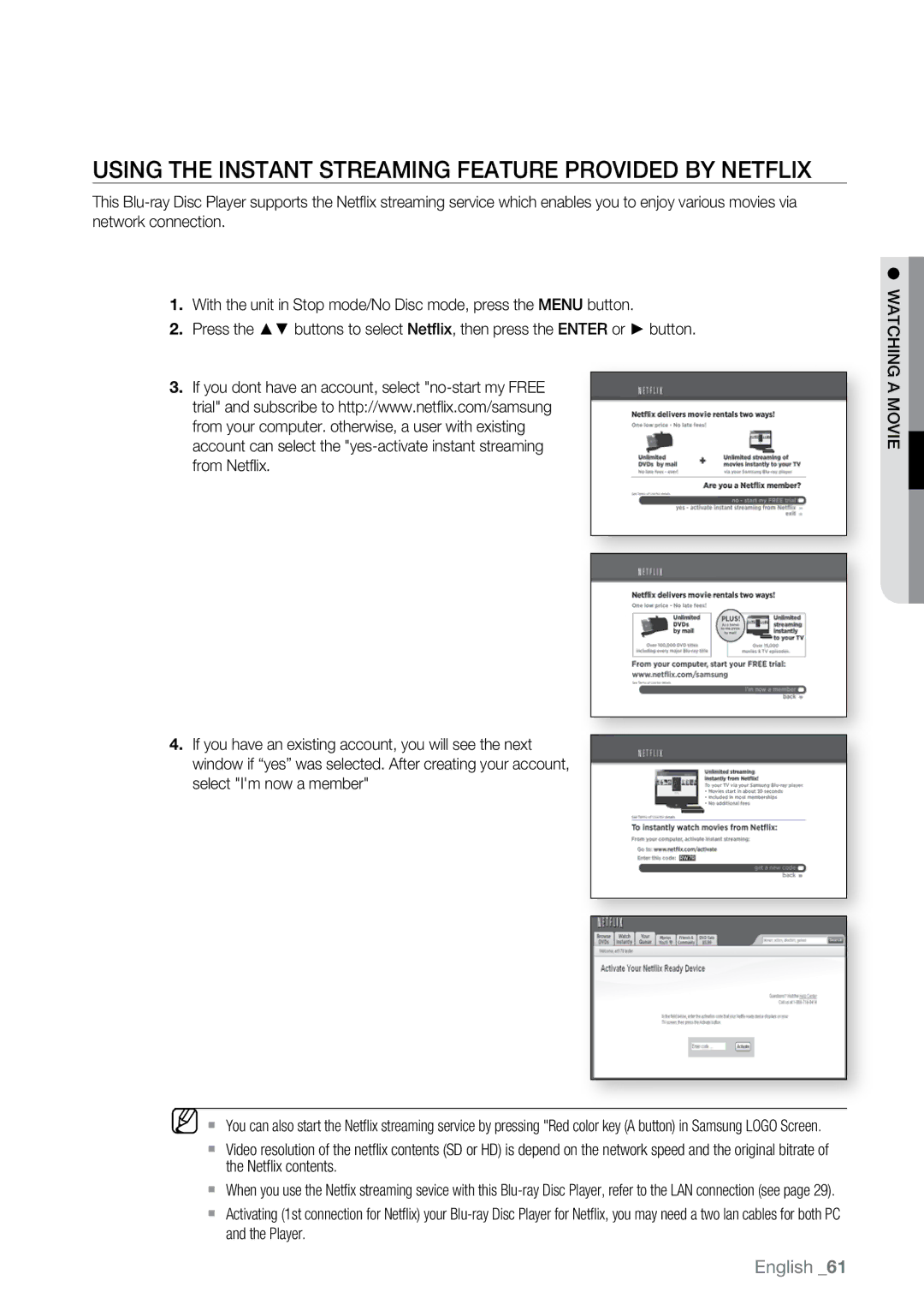 Samsung BD-P2500 user manual Using the Instant Streaming feature provided by Netflix, Amovie watching 