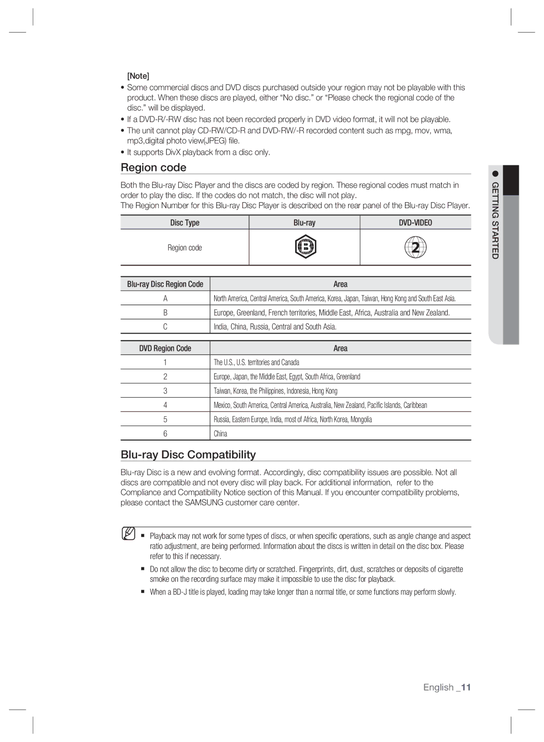 Samsung BD-P2500/XEE manual Blu-ray Disc Compatibility, Disc Type Blu-ray, Region code Blu-ray Disc Region Code Area 