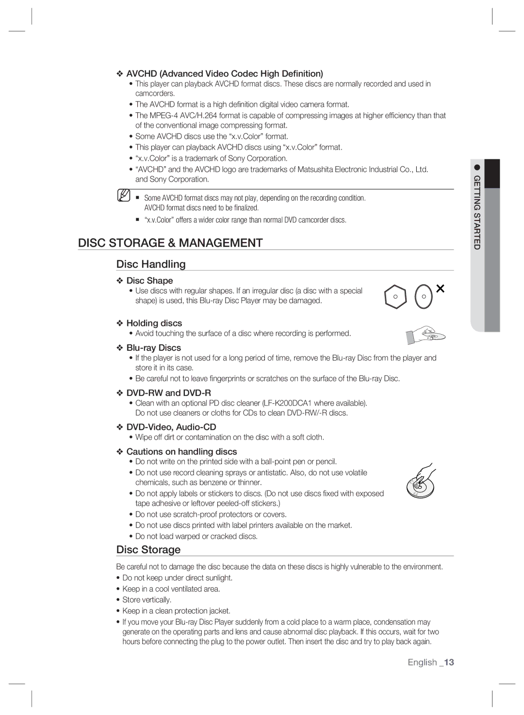 Samsung BD-P2500/XEF, BD-P2500/EDC, BD-P2500/XEE manual Disc Storage & Management, Disc Handling 