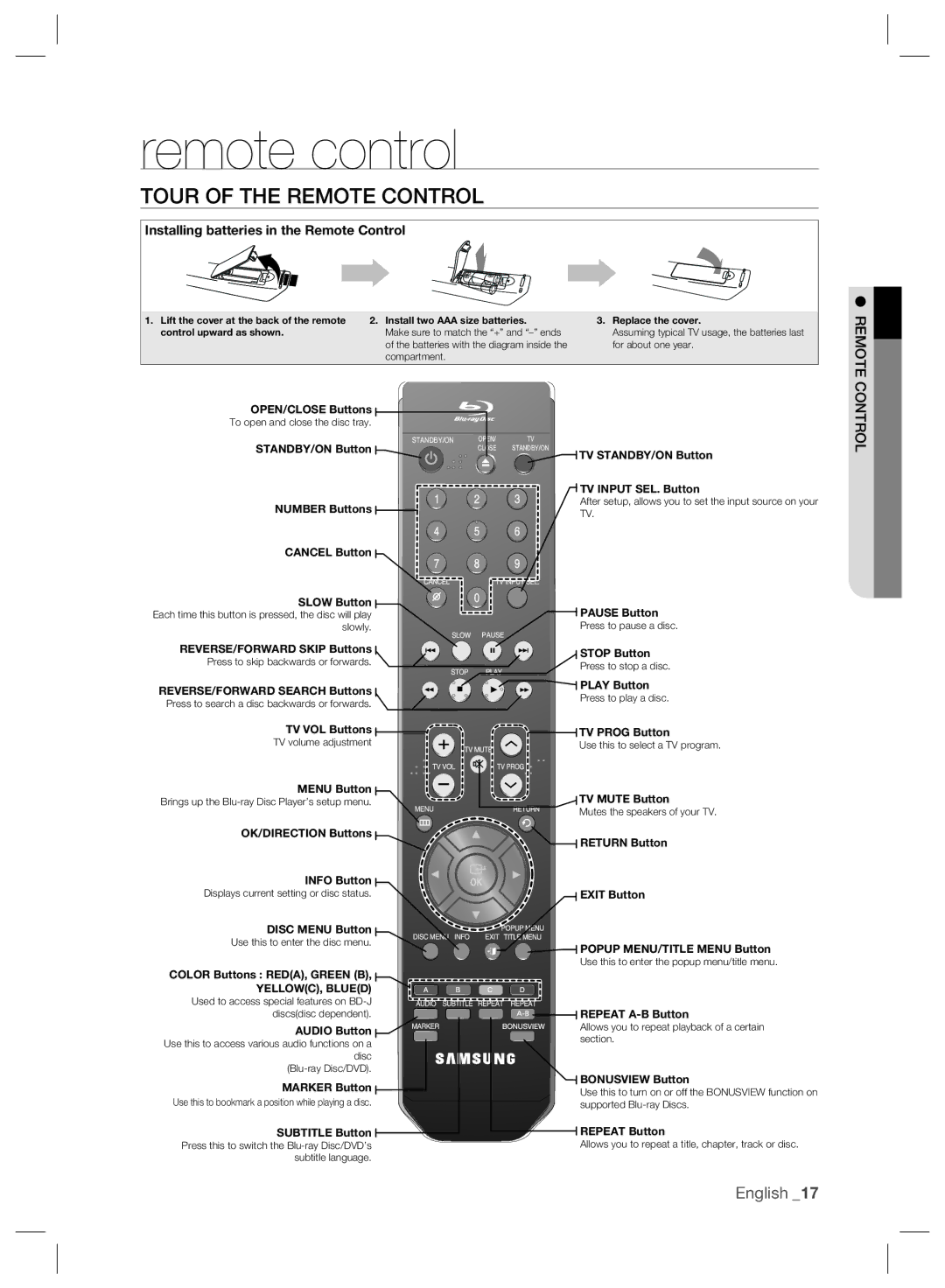 Samsung BD-P2500/XEE, BD-P2500/EDC, BD-P2500/XEF manual Remote control, Tour of the Remote Control 