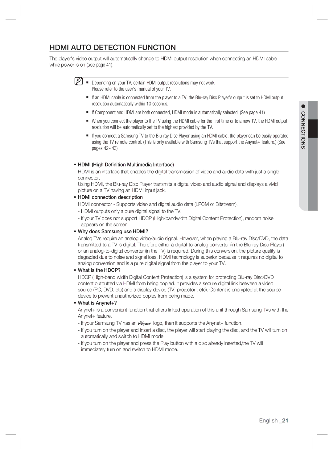 Samsung BD-P2500/EDC, BD-P2500/XEF, BD-P2500/XEE manual Hdmi Auto Detection Function, What is the HDCP?, Connections 