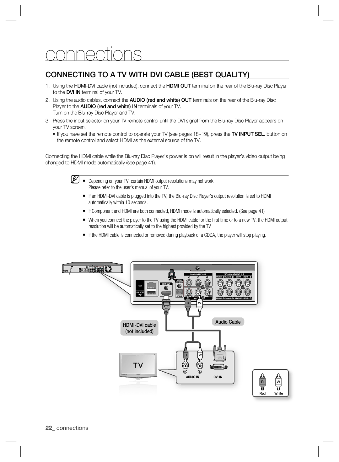 Samsung BD-P2500/XEF, BD-P2500/EDC, BD-P2500/XEE manual Connecting to a TV with DVI Cable Best Quality 