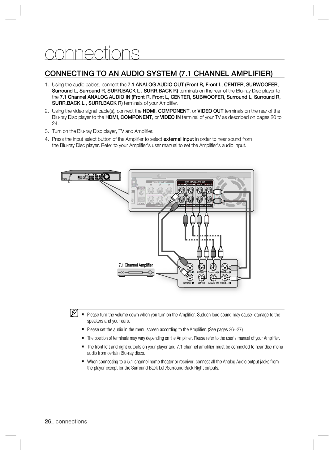 Samsung BD-P2500/XEE, BD-P2500/EDC, BD-P2500/XEF manual Connecting to AN Audio System 7.1 Channel Amplifier 