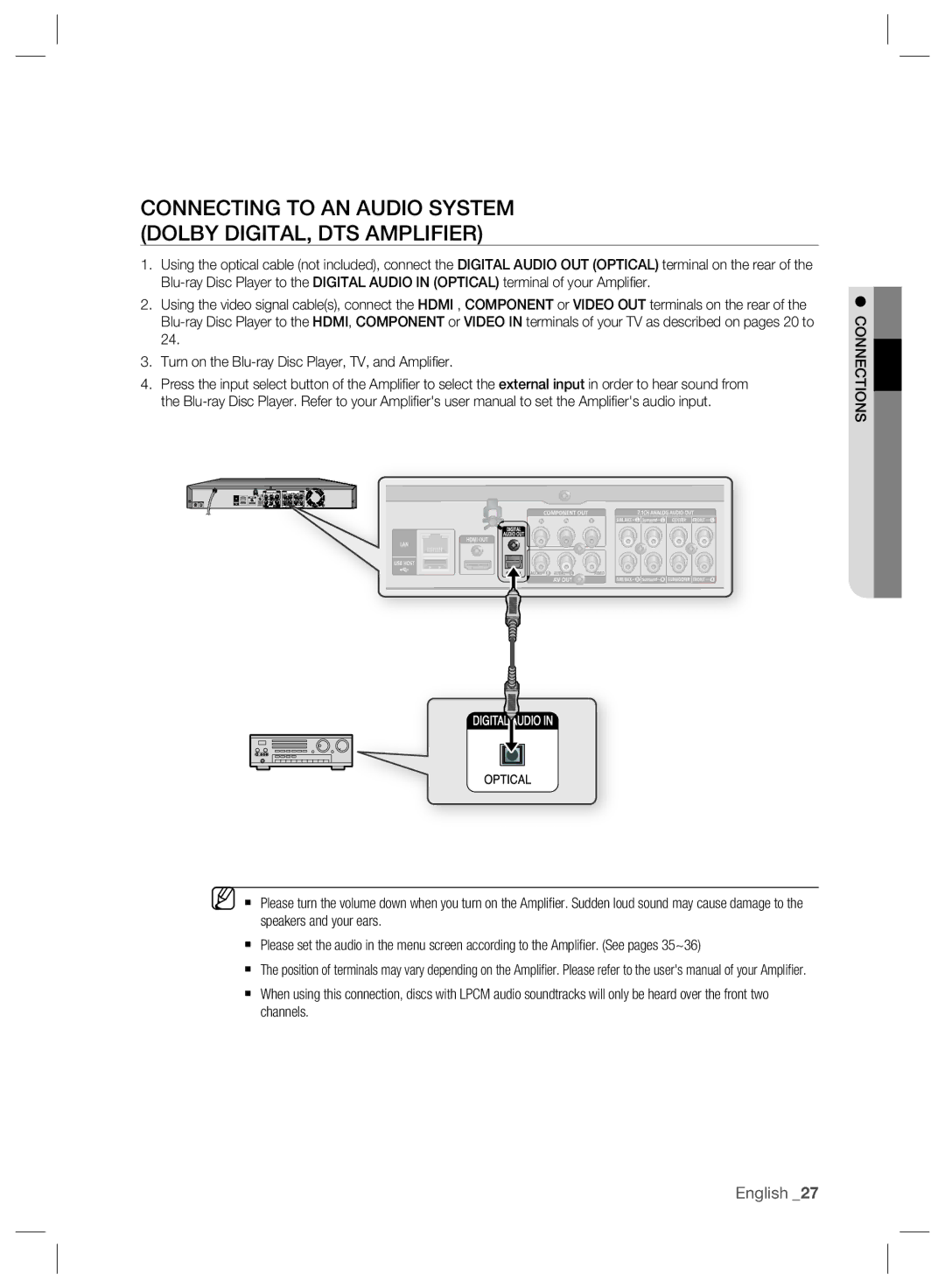 Samsung BD-P2500/EDC, BD-P2500/XEF, BD-P2500/XEE manual Connecting to AN Audio System Dolby DIGITAL, DTS Amplifier 