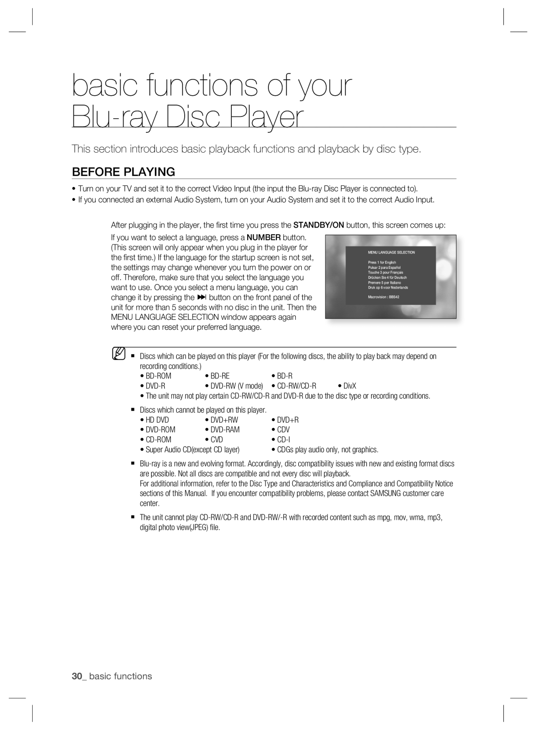 Samsung BD-P2500/EDC manual Before Playing, Basic functions, Cd-Rw/Cd-R, Hd Dvd Dvd+Rw Dvd-Rom Dvd-Ram Cdv Cd-Rom Cvd 