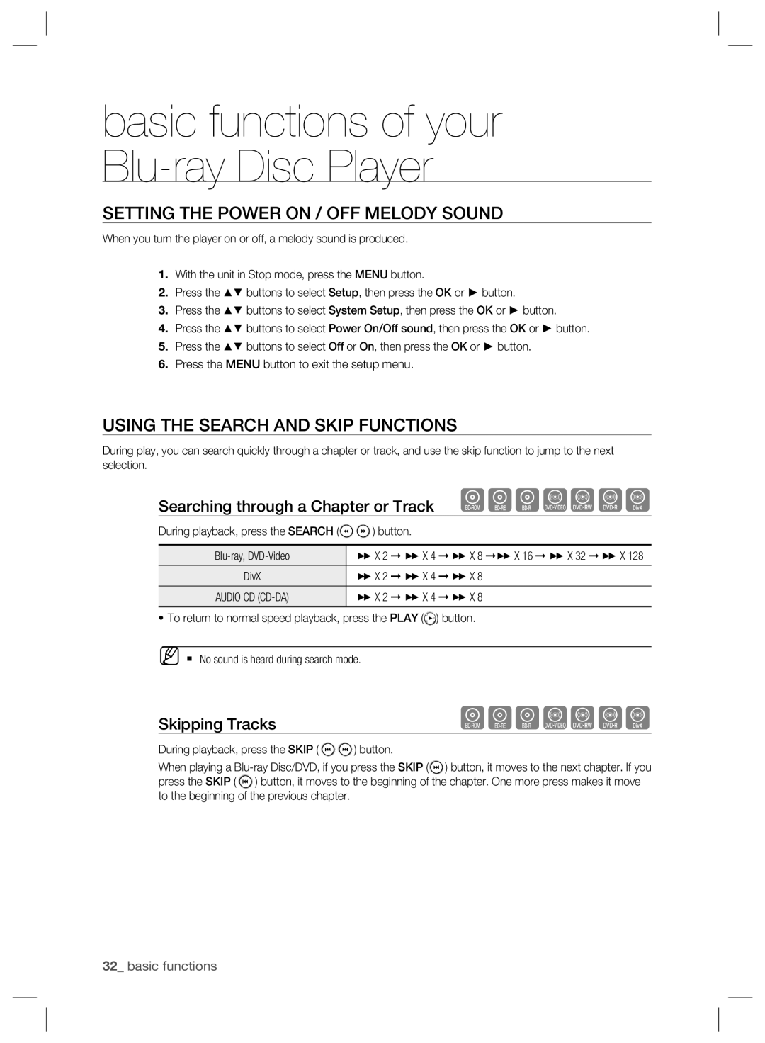 Samsung BD-P2500/XEE manual Setting the Power on / OFF Melody Sound, Using the Search and Skip Functions, Skipping Tracks 