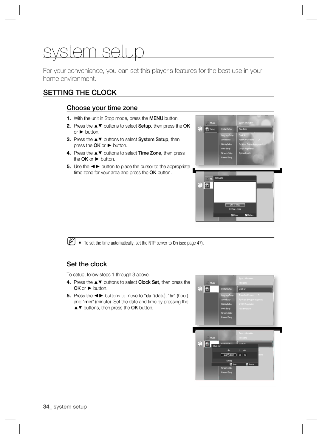 Samsung BD-P2500/XEF, BD-P2500/EDC, BD-P2500/XEE manual System setup, Setting the Clock, Choose your time zone, Set the clock 