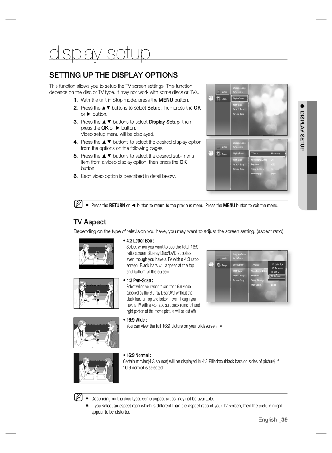 Samsung BD-P2500/EDC, BD-P2500/XEF, BD-P2500/XEE Display setup, Setting UP the Display Options, TV Aspect, Display Setup 