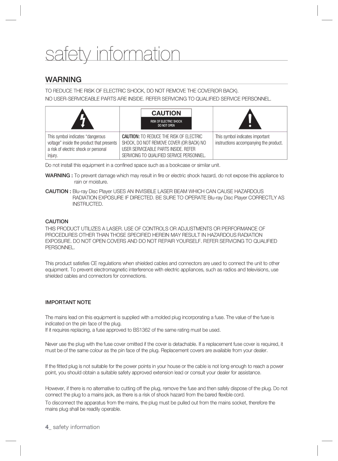 Samsung BD-P2500/XEF, BD-P2500/EDC, BD-P2500/XEE manual Safety information, Injury, Important Note 