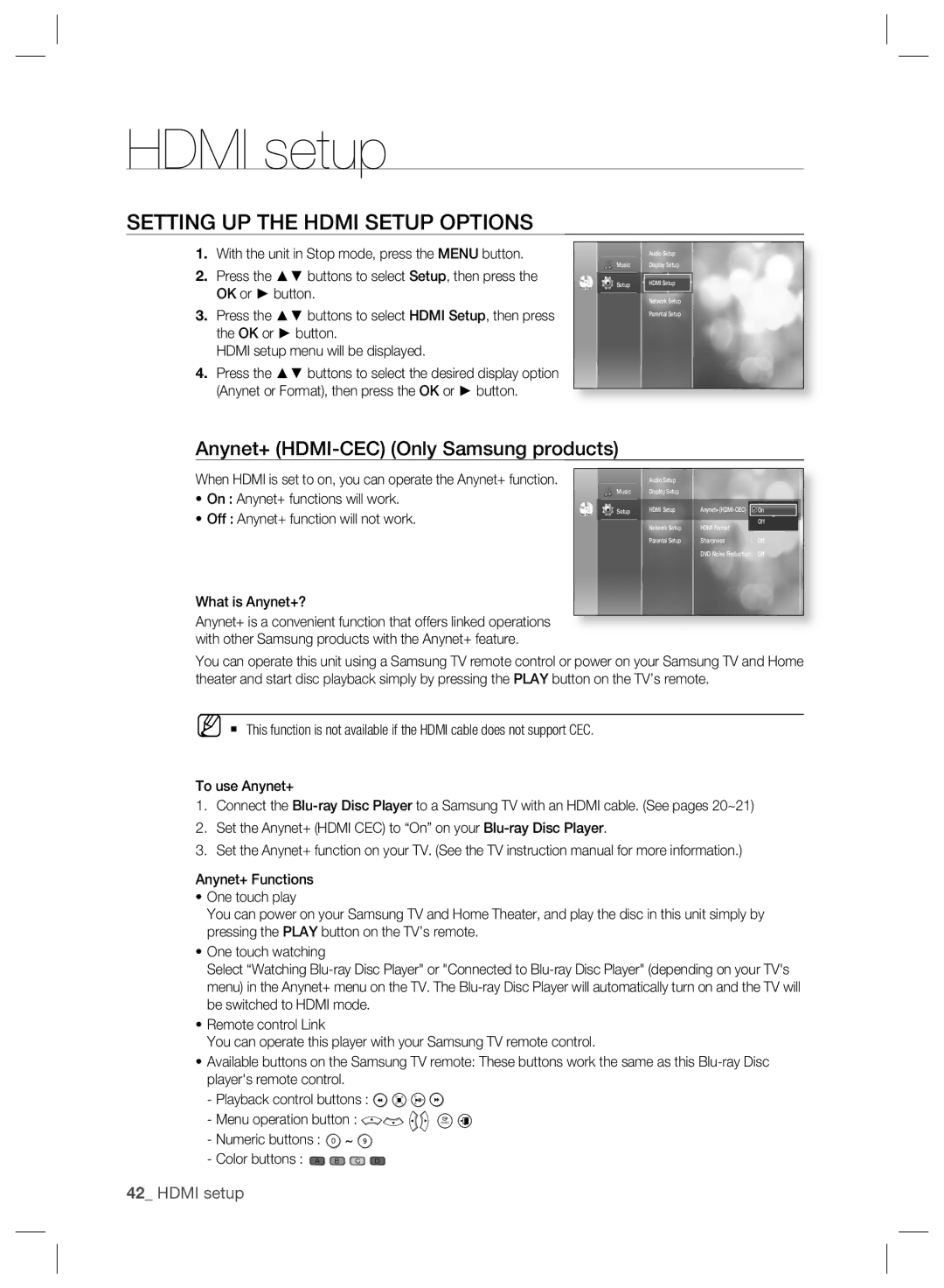 Samsung BD-P2500/EDC, BD-P2500/XEF Hdmi setup, Setting UP the Hdmi Setup Options, Anynet+ HDMI-CEC Only Samsung products 