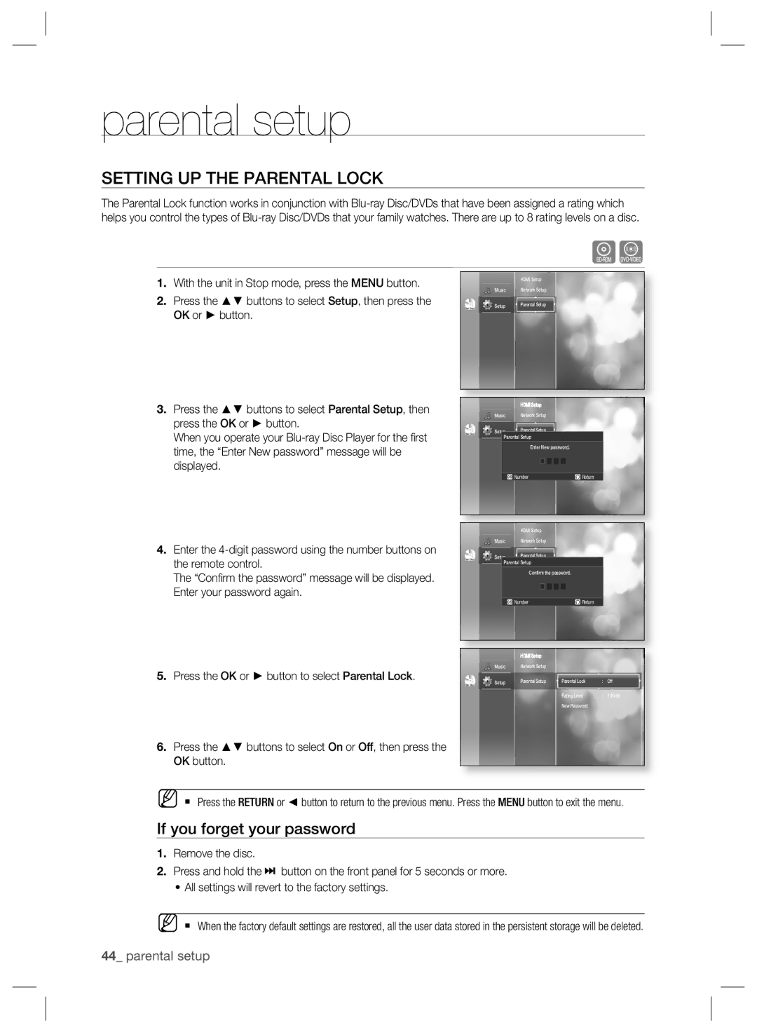 Samsung BD-P2500/XEE, BD-P2500/EDC, BD-P2500/XEF Parental setup, Setting UP the Parental Lock, If you forget your password 