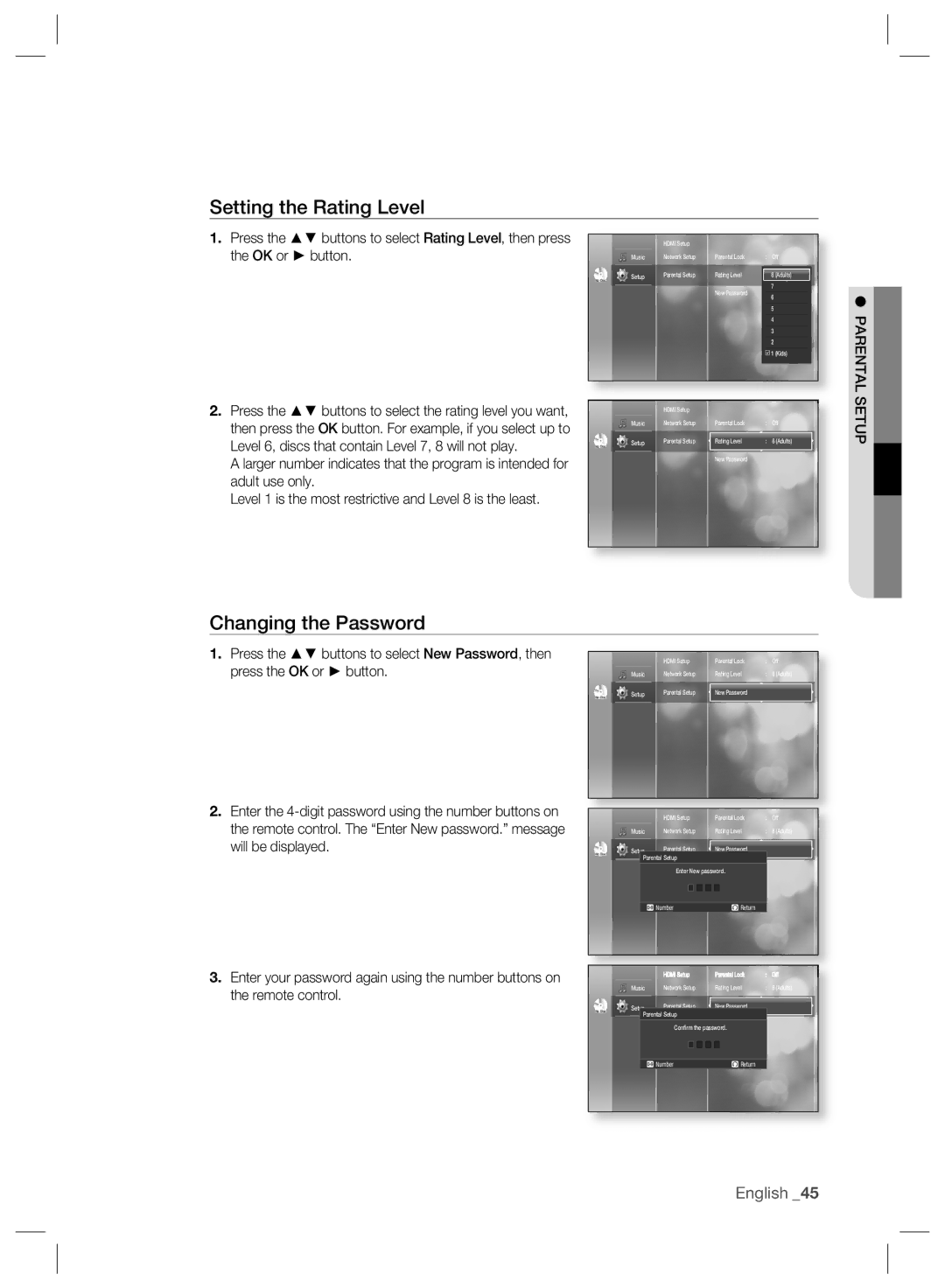 Samsung BD-P2500/EDC Setting the Rating Level, Changing the Password, Level 6, discs that contain Level 7, 8 will not play 