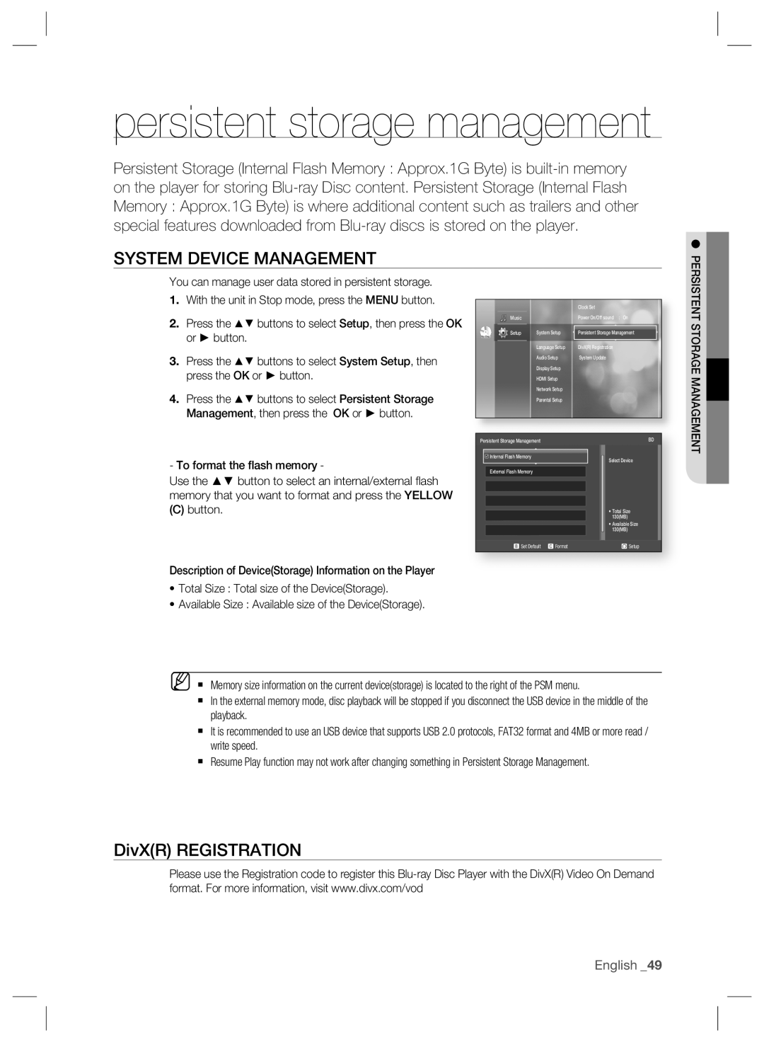 Samsung BD-P2500/XEF, BD-P2500/EDC, BD-P2500/XEE manual System Device Management, To format the ﬂash memory 