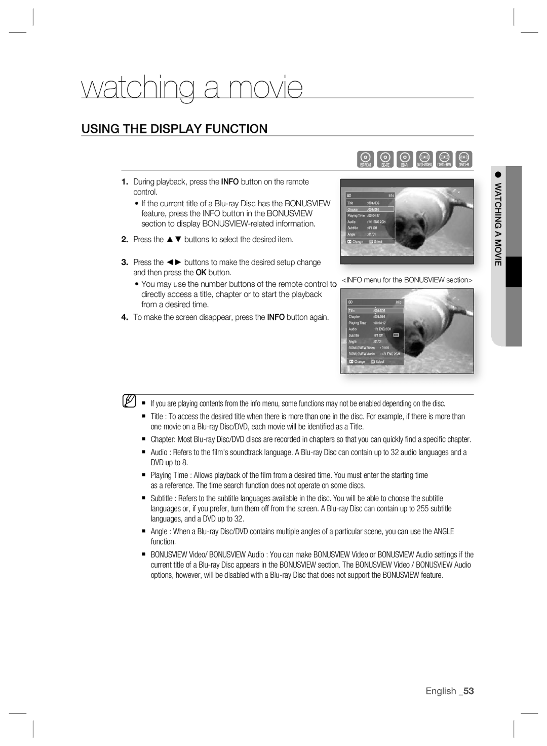 Samsung BD-P2500/XEE, BD-P2500/EDC, BD-P2500/XEF manual Watching a movie, Using the Display Function, Watching a Movie 