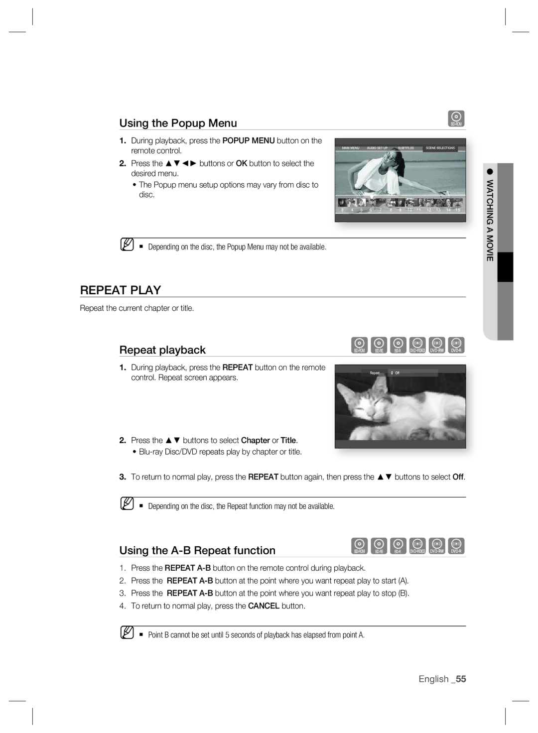 Samsung BD-P2500/XEF, BD-P2500/EDC Repeat Play, Using the Popup Menu, Using the A-B Repeat function, Watching a, Movie 