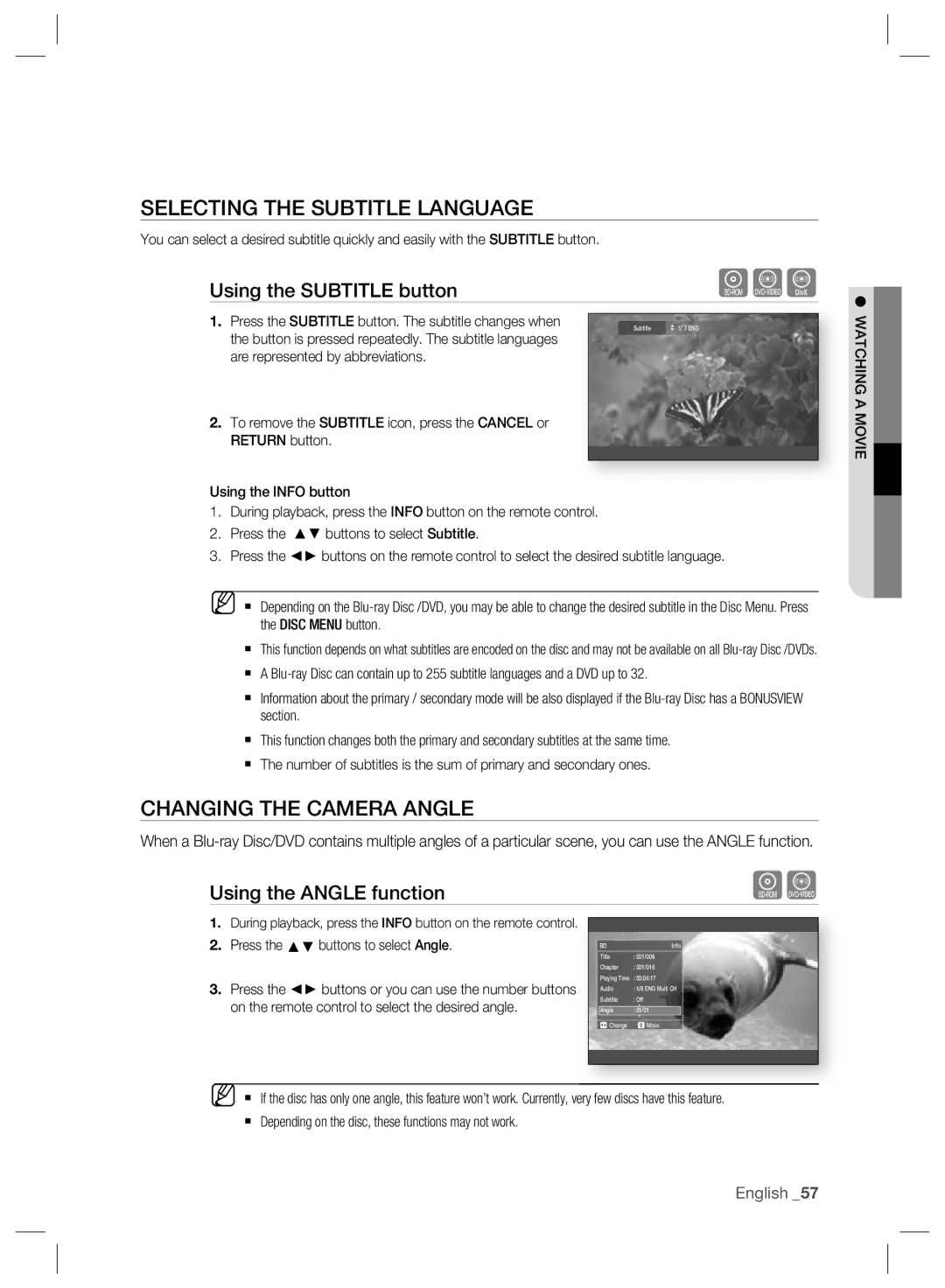 Samsung BD-P2500/EDC, BD-P2500/XEF Selecting the Subtitle Language, Changing the Camera Angle, Using the Angle function 