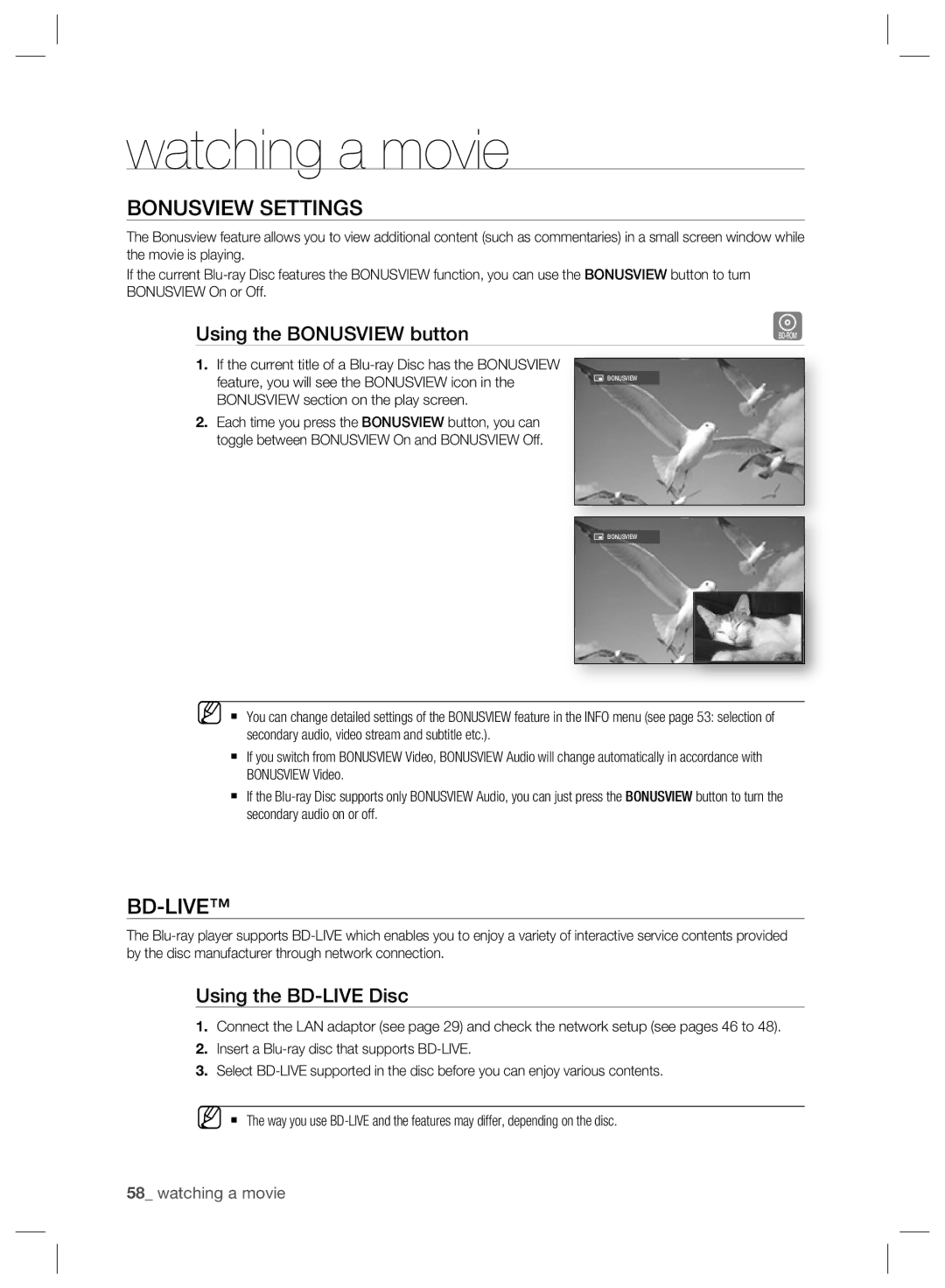 Samsung BD-P2500/XEF, BD-P2500/EDC manual Bonusview Settings, Bd-Live, Using the Bonusview button, Using the BD-LIVE Disc 