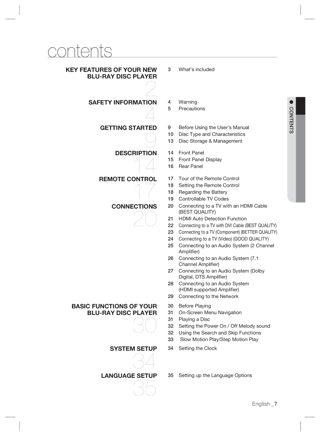 Samsung BD-P2500/XEF, BD-P2500/EDC, BD-P2500/XEE manual Contents 