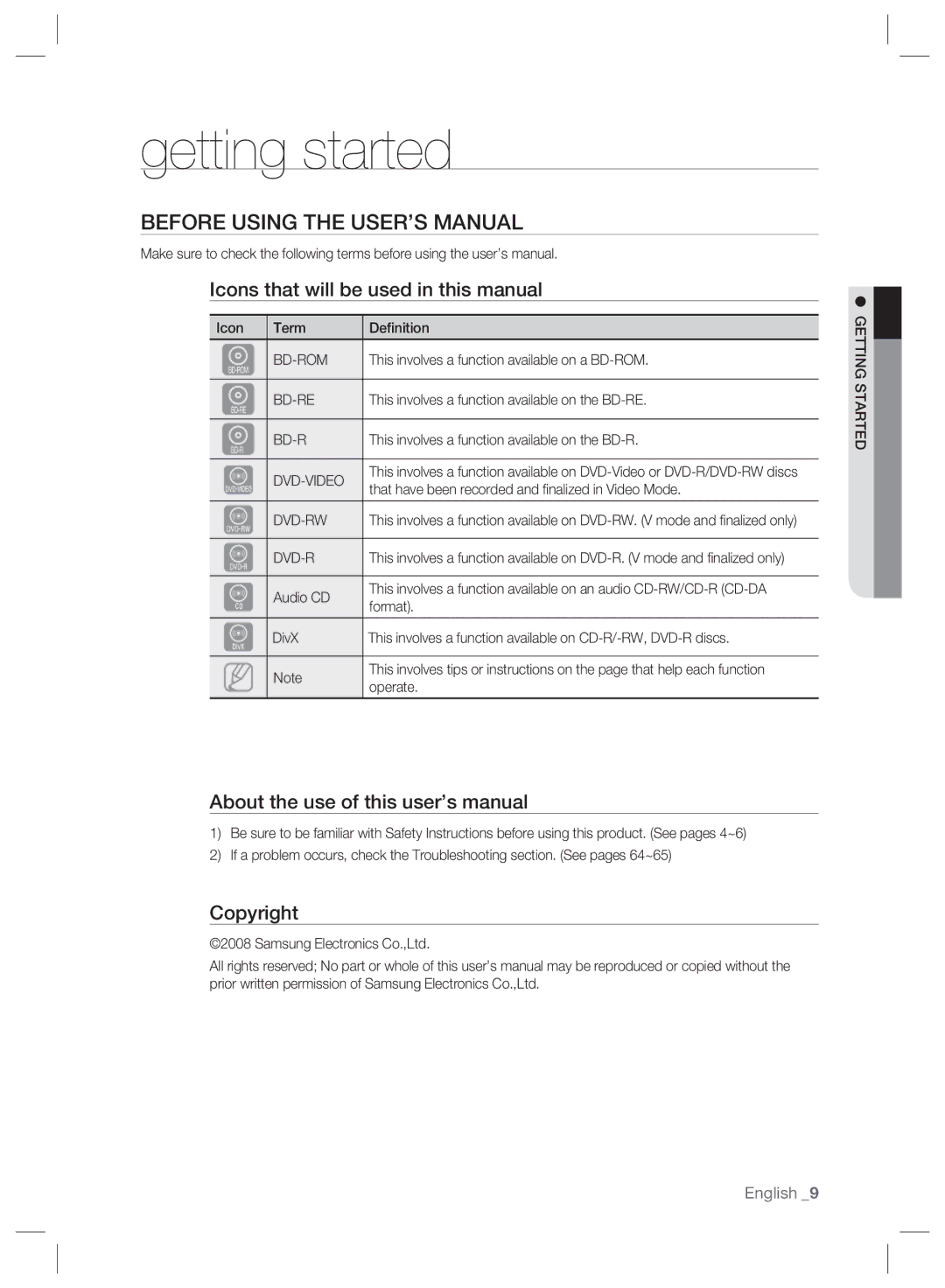 Samsung BD-P2500/EDC Getting started, Before Using the USER’S Manual, Icons that will be used in this manual, Copyright 